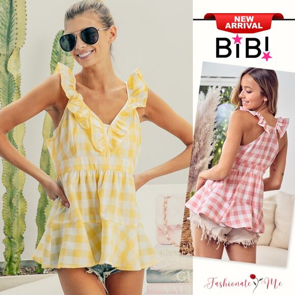 BiBi Ruffled Neckline Sleeveless Check Plaid Peplum Silhouette Blouse | Lemon - Picture 1 of 10